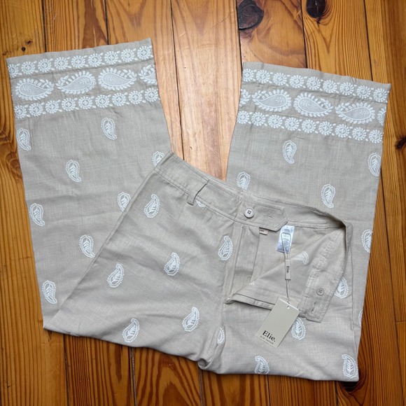 NWT Elie Tahari Linen Pants Womens Size 8 Tan Embroidered Paisley Boho Wide Leg - Picture 2 of 7